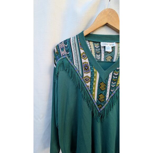 Donna Toran Womens Vtg 90s Southwestern Sweater M Fringe Western Country Aztek - Picture 2 of 5